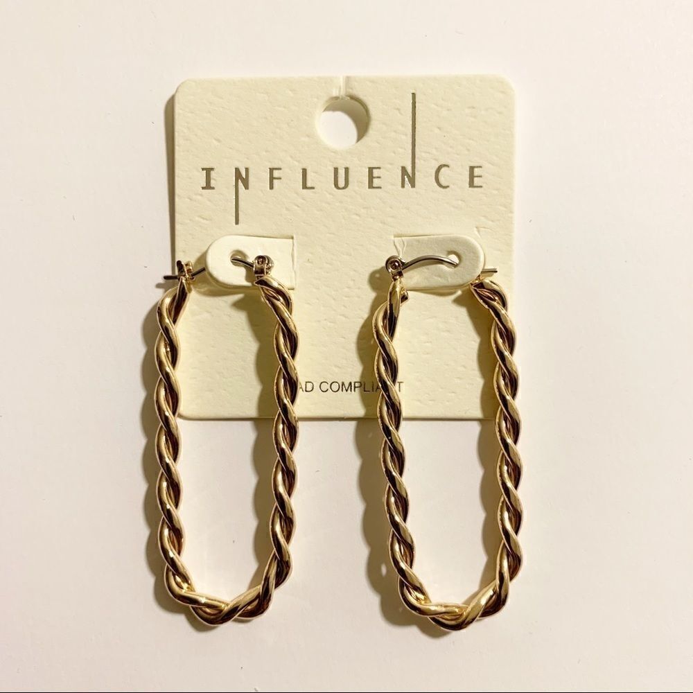 Gold Oblong Oval Twisted Hoop Earrings